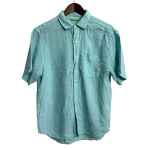 Tommy Bahama linen shirt men's small aqua beach coastal nautical casual preppy